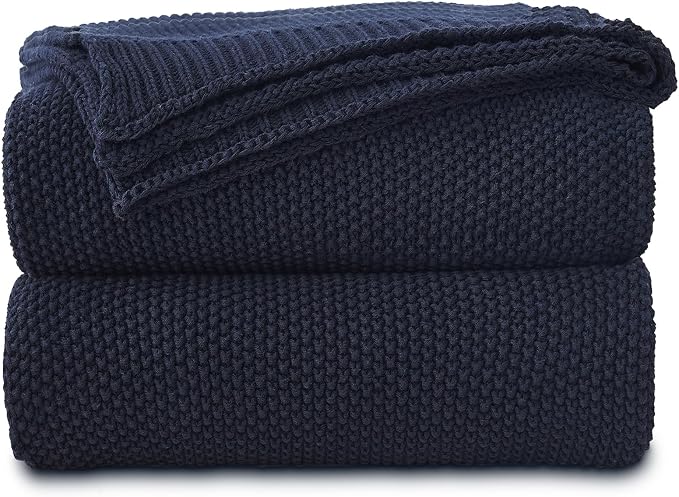 Longhui bedding Dark Navy Blue Cotton Cable Knit Throw Blanket for Couch Sofa Bed, Lightweight Home Decorative Throws, Bonus Laundering Bag, 60 x 80 Machine Washable