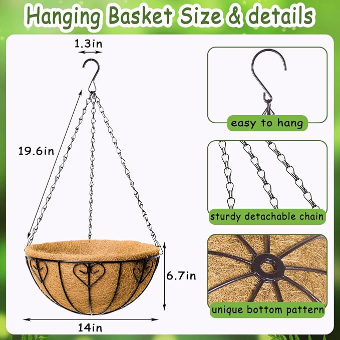 4pcs 14 inch Metal Hanging Baskets Round Wire Plant Stand with Coco Lining Cushion Decorative Planter Hanger Garden Indoor Outdoor Watering Hanging Basket （AX）