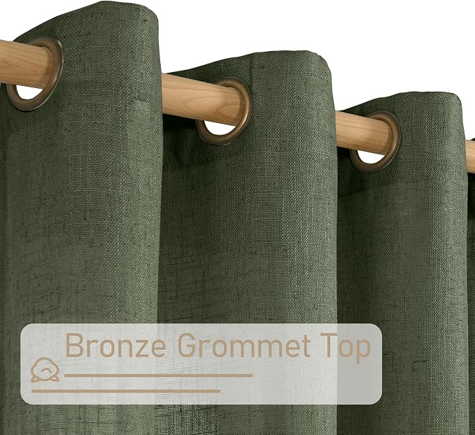 LAMIT Olive Green Linen Curtains 72 inches Long for Living Room, Soft Thick Semi Sheer Light Filtering Bronze Grommet Window Treatments Neutral Drapes for Bedroom, 2 Panels Set, 52 x 72 Inch