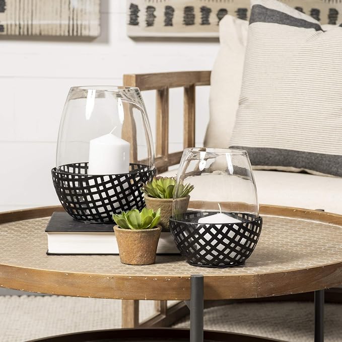 Mercana Furniture and Decor Reena II Large Black Woven Metal Base Table Candle Holder