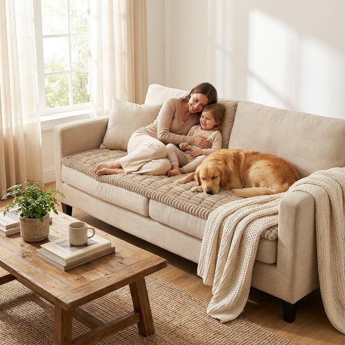 Smiry Couch Cover for Dogs, Non Slip Washable Sofa Protector for Pets, Soft Furniture Cover for Pet, Stylish Sofa Covers, Cozy Protect Against Fur, Dirt & Everyday Messes (Khaki, 35.4" x 95")