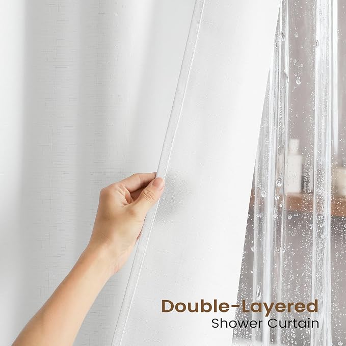 BTTN White 3 in 1 Shower Curtain with Clear Liner, Linen Textured Decorative Fabric Shower Curtains PEVA Liner with Plastic Hook, Modern Hotel Luxury Waterproof Shower Curtain for Bathroom, 72x72