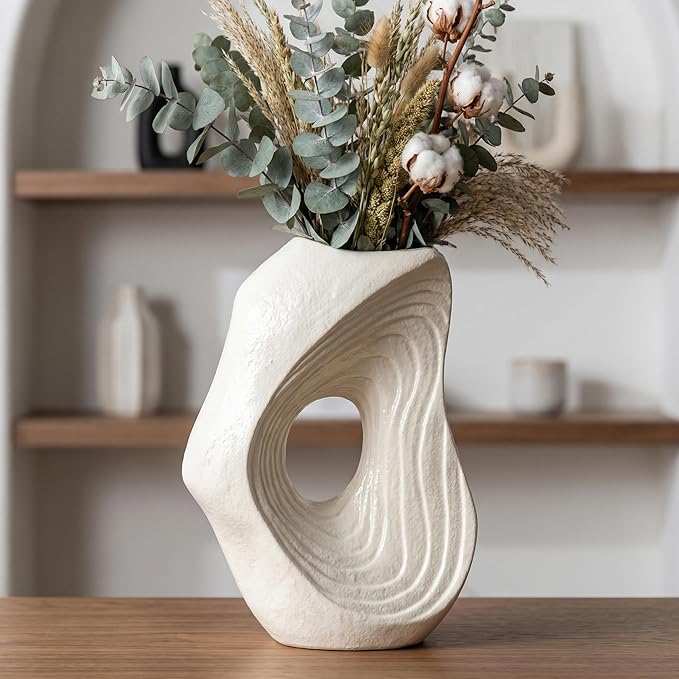Sunddo Donut Vase - White Ceramic Vase for Home Decor - 11 Inch Modern Boho Vases for Pampas Grass, Entryway, Wedding, Fireplace, Kitchen Counter Decor