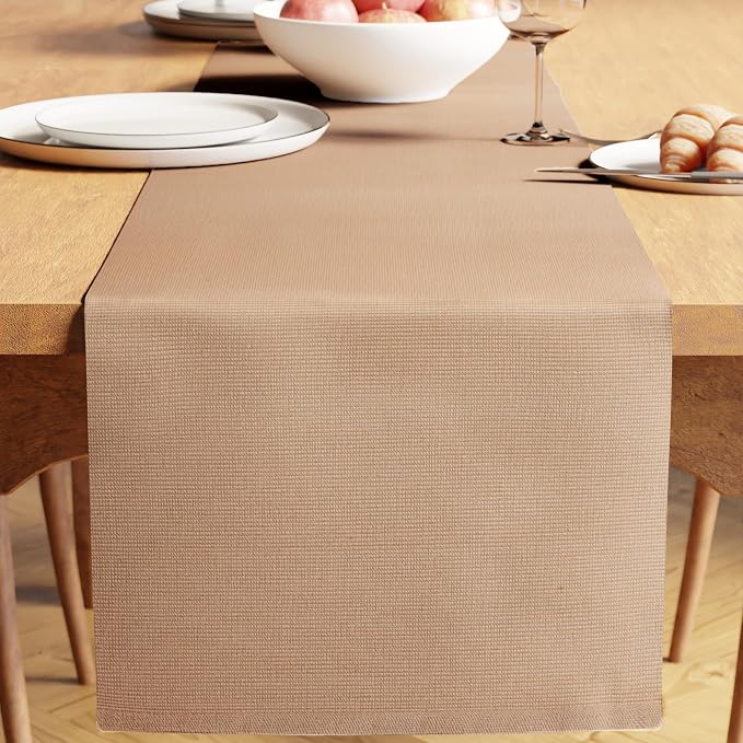 Encasa XO Dining Table Runner 13"x79" | Yarn Dyed Fine Ribbed Cotton | Solid Beige | Machine Washable