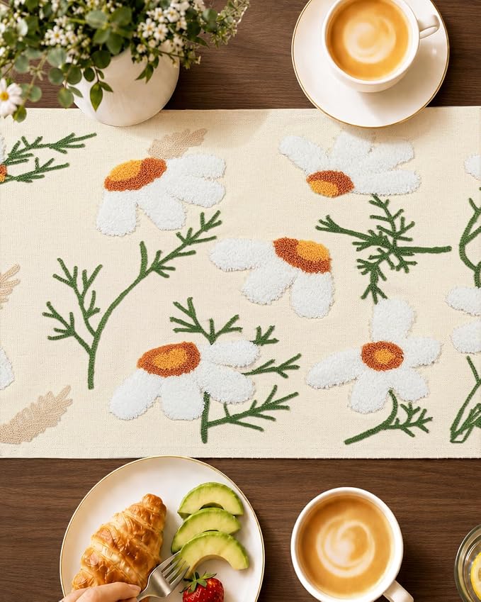 Canvas Embroidered Table Runner - 13"x 36" Short Coffee Table Runner for Living Room Tablerunner for Dining Room Washable Neutral Kitchen Island Counter Decor Housewarming Gift, Beige Daisy