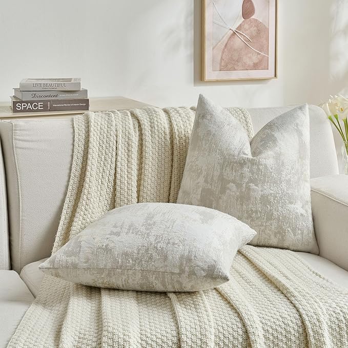 FUTEI Pack of 2 Faux Cashmere Jacquard Throw Pillow Covers 20x20 Inch Soft Marble Pattern Vintage Decorative Cushion Case Modern Farmhouse Accent for Couch Bed Living Room, Beige White