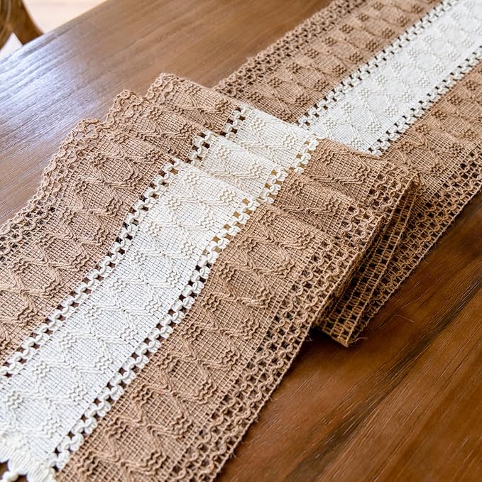 EMMTEEY Boho Table Runner with Tassels- Scratch & Heat Resistant, 36 Inches Long Table Runner Cotton Linen Macrame Handmade for Dining Table/Wedding Décor (12"X36", Brown White)