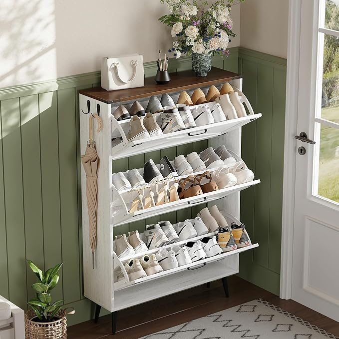 Shoe Organizer Cabinet Narrow with 3 Flip Drawers Shoe Rack Cabinet Hidden Slim Freestanding Shoe Storage Cabinet 24 Shoes for Entryway,Living Room, White Walnut