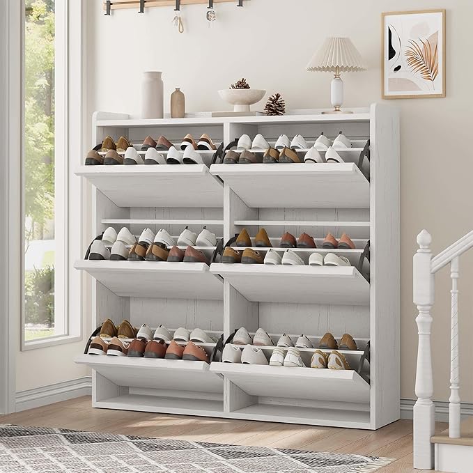 GarveeHome Shoe Cabinet with 6 Flip Drawers, Wooden Shoe Organizer Cabinet with Adjustable Shelf, Shoe Storage for Entryway, Hidden Shoe Cabinet for Hallway, Living Room, White