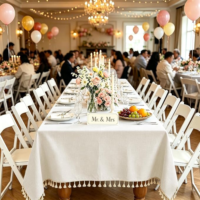 Alsoo Table Cloth Rectangle Table Heavy Duty Cotton Linen Texture Tablecloth Farmhouse Waterproof Wrinkle Free Tables Cover with Tassel for Kitchen Dining Holiday Party, Ivory, 55" x 75"