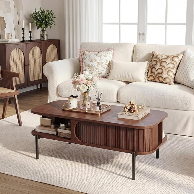 Coffee Table, Fluted Coffee Tables for Living Room, Mid Century Modern Coffee Tables with Storage Open Shelf, Walnut Coffee Table with Sliding Cabinet Door, 2-Tier Rustic Wood Desktop