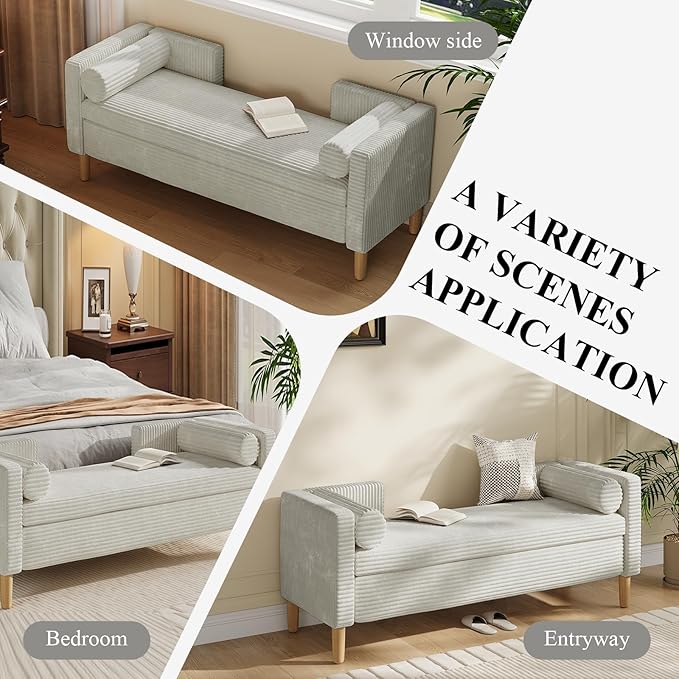 65.35" Storage Bench, Corduroy Upholstered End of Bed Bench with Bolster Pillows, Modern Storage Bench with Natural-Patterned Wooden Legs, Comfy Entryway Bench for Entryway (Light Gray)
