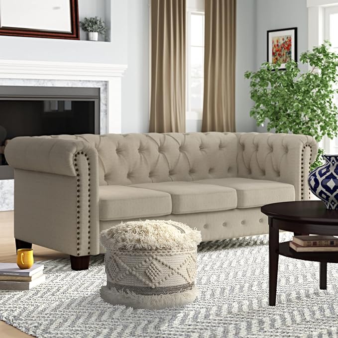 LR Home Indoor Wool Blend Farmhouse Geometric Ottoman Pouf | Cream/Gray,18" x 18" x 14"