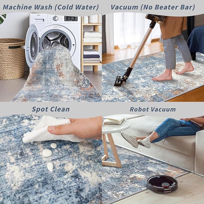 3x7 Kitchen Runner Rug – Washable Non-Slip Modern Abstract Neutral Carpet for Hallway, Entryway, Bedroom, Bathroom – Low-Pile Thin Stain-Resistant Wide Floor Runner (Blue Rust,3x7)