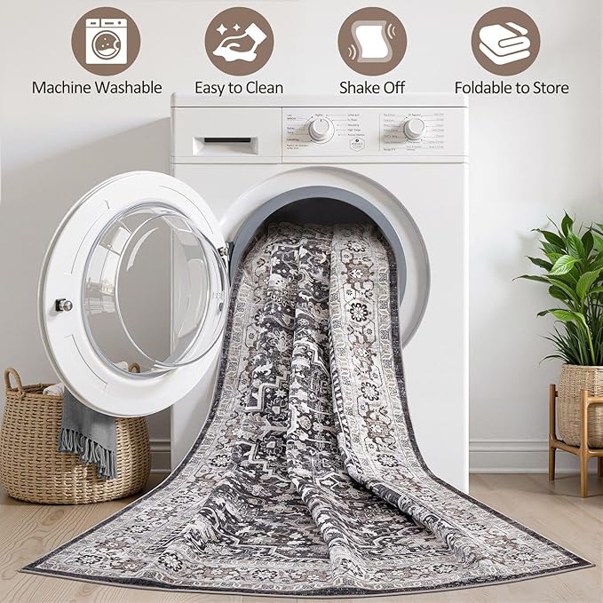 Black Rug Living Room Rugs: 10x12 Washable Boho Large Vintage Moody Soft Distressed Oriental Stain Resistant Non-Slip Indoor Floor Carpet for Bedroom Playroom Office Dining Room Retro Home House