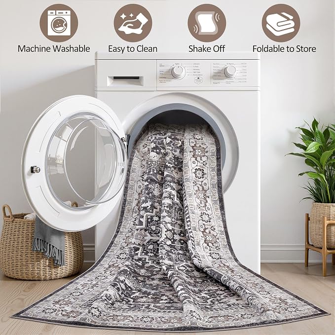 Black Rug Living Room Rugs: 8x10 Washable Boho Large Vintage Moody Soft Distressed Oriental Stain Resistant Non-Slip Indoor Floor Carpet for Bedroom Playroom Office Dining Room Retro Home House