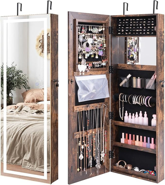 LOKO Jewelry Cabinet with Full Length Mirror, Door Wall Mounted Jewelry Armoire with 3-color LED Lights, Inside Makeup Mirror, Lockable Jewelry Organizer for Women Girls Bedroom (Rustic Brown)