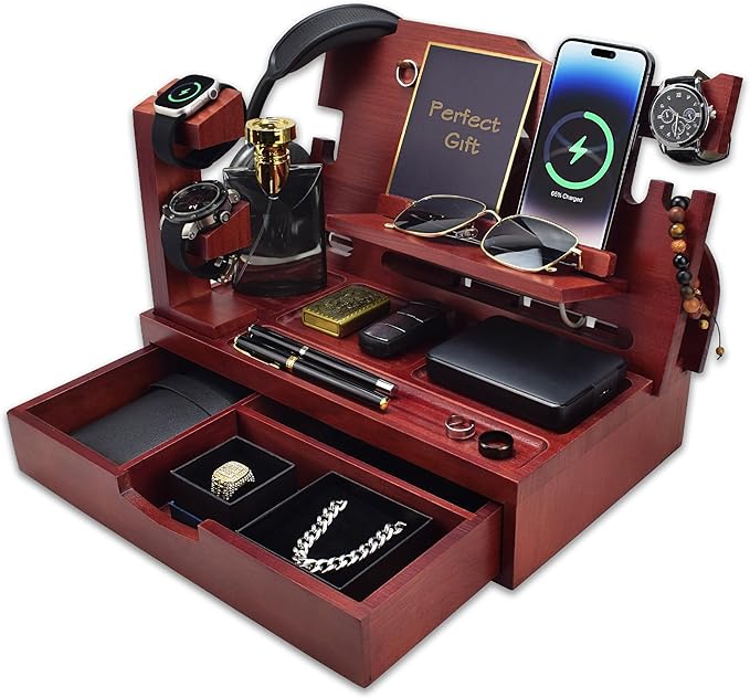 Nightstand Organizer for Men with Large Drawer, Wood Phone Docking Station for Phone, Apple Watch, Wallet & Keys, Ideal Birthday Gift for Father Husband, Bedside Desk Organizer (Mahogany)