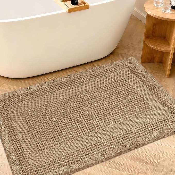 Upgraded Waffle Bath Mat, 36"x24" Beige-Looped, Super Absorbent Non-Slip Quick Dry Bathroom Rugs with Tassels, Machine Washable Ultra Soft Boho Bath Rugs for Floor, Toilet Mats Boho Farmhouse Decor