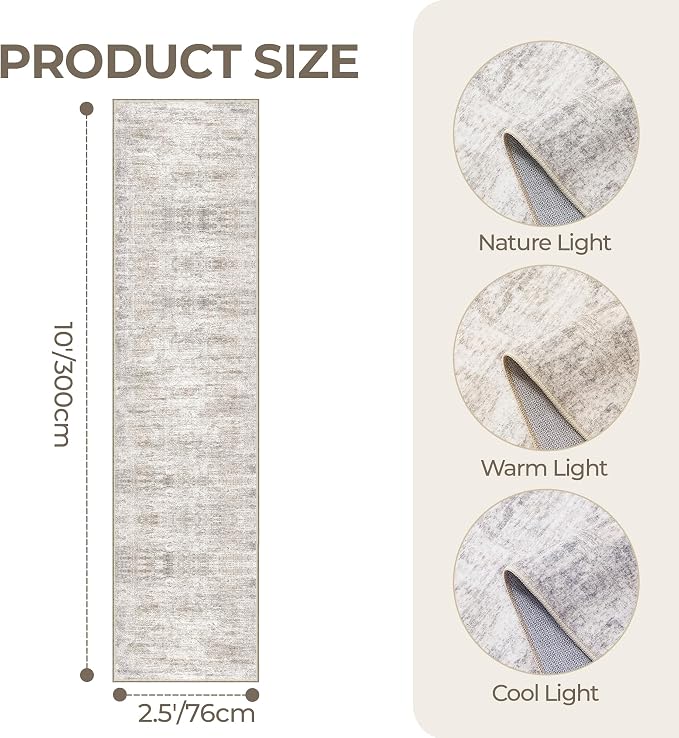 Kitchen Runner Rugs Non Skid Washable - 2.5 x 10 Runner Rug with Anti Slip Backing, Ultra-Thin Soft Rug Runner for Hallway, Bedroom, Living Room (2.5'x10', Brown/Grey/Ivory)