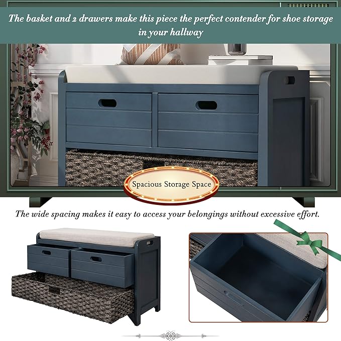 SOFTSEA Upholstered Storage Bench for Entryway, Wood Storage Ottoman with Removable Basket and 2 Drawers, Farmhouse Shoe Bench with Seat Cushion for Entryway, Living Room, Full Assembled, Navy