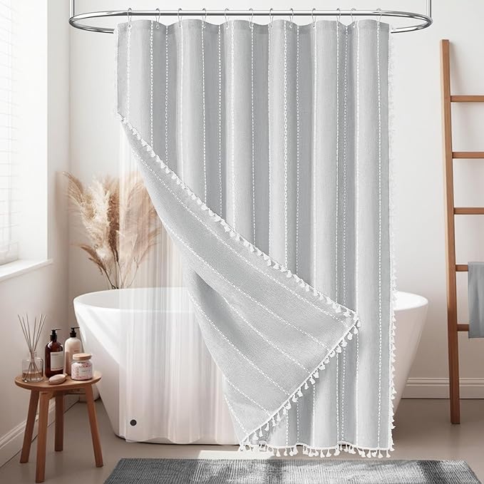 BTTN 3 in 1 Shower Curtain with Liner, Grey Boho Linen Striped Cloth Shower Curtain Set with Plastic Hook, Farmhouse Bohemian French Country Waterproof Fabric Shower Curtain for Bathroom, Gray, 72x72