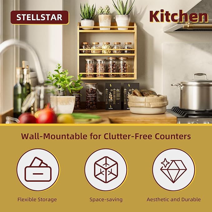 STELLSTAR Spice Rack Wall Mounted, Spice Organizer for Counter, Bamboo Spice Storage Holder for Kitchen Cabinet, Pantry (Spice Jars Not Included, Natural)