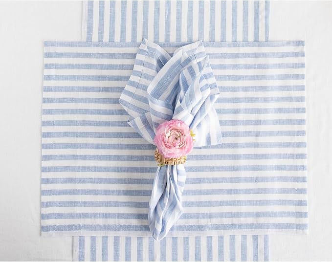 Solino Home Linen Table Runner 72 Inches Long - Amalfi Stripe, 100% Pure Linen Sky Blue and White Table Runner 14 x 72 Inch for Dining, Dresser, Summer