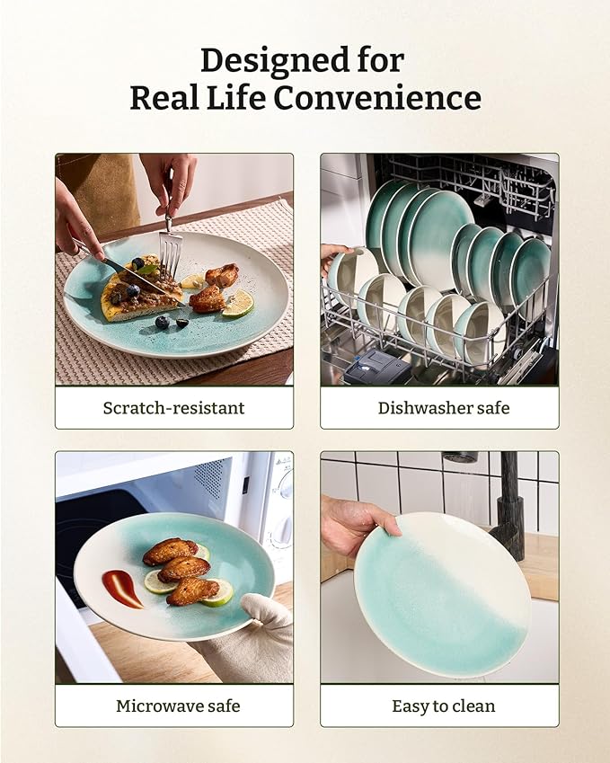 Famiware Glacier Stoneware Dinnerware Sets, 12-Piece Plates and Bowls Set for 4, Reactive Glaze Dishes, Everyday & Formal Use, Dishwasher/Microwave Safe, Chip/Scratch Resistant, Two-Color Glazed, Aqua