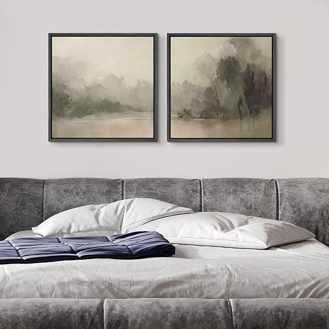 SIGNFORD Framed Canvas Print Wall Art Set Mystic River Fog Waterfront Nature Illustrations Modern Art Minimal Relax/Calm for Living Room, Bedroom, Office - 16"x16"x2 Black