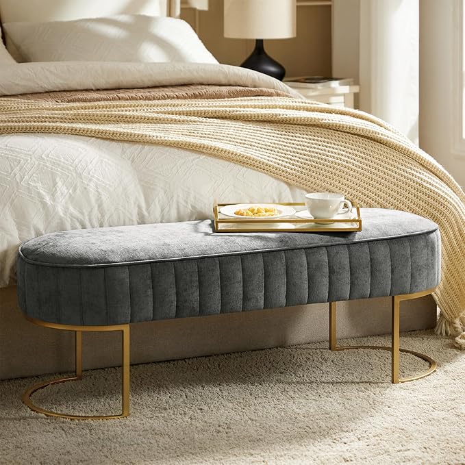EcoHarbor Living 46" Velvet Bench, Upholstered Entryway Bench End of Bed with Gold Legs, Bed Ottoman Bench for Bedroom Living Room Footrest Stools, Grey