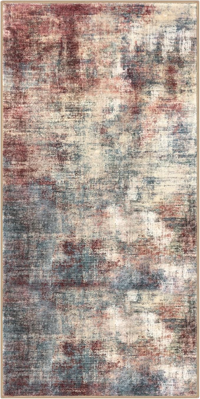 IOHOUZE Abstract Runner Rug 2x4 Ft Entryway Rugs Washable Door Mat Indoor Entrance, Rubber Backed Entryway Runners, Printed Faux Wool Non Slip Floor Carpet for Foyer Front Door Sink, Red/Multi