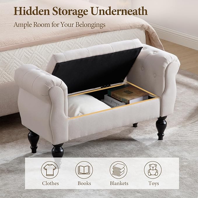Storage Bench with Arms End of Bed Bench, Linen Entryway Bench with Storage, Button Tufted Upholstered Ottoman Bench Wood Legs, Window Sitting Bench for Bedroom/Living Room/Hallway, Beige