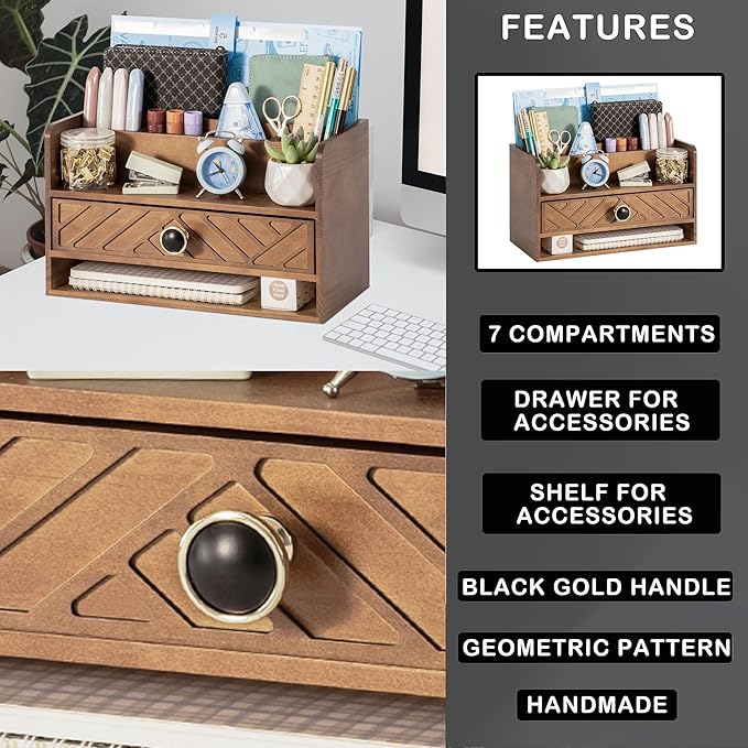 dreampossible Brown Wood Desk Organizer and Accessories with Drawer, Bill Mail Organizer and File Mail Holder for Office Supplies, Desk Accessories & Workspace Organizers