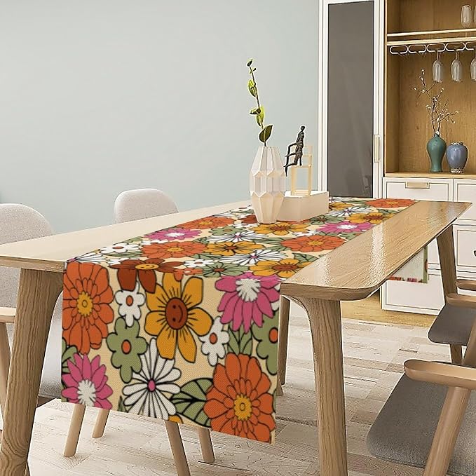 Vintage Floral Table Runner Boho 70s Style Retro Daisies Flower Hippie Groovy Funny Pattern Dinner Runner for Home Kitchen Dining Table Party Holiday Decor 13"x90"