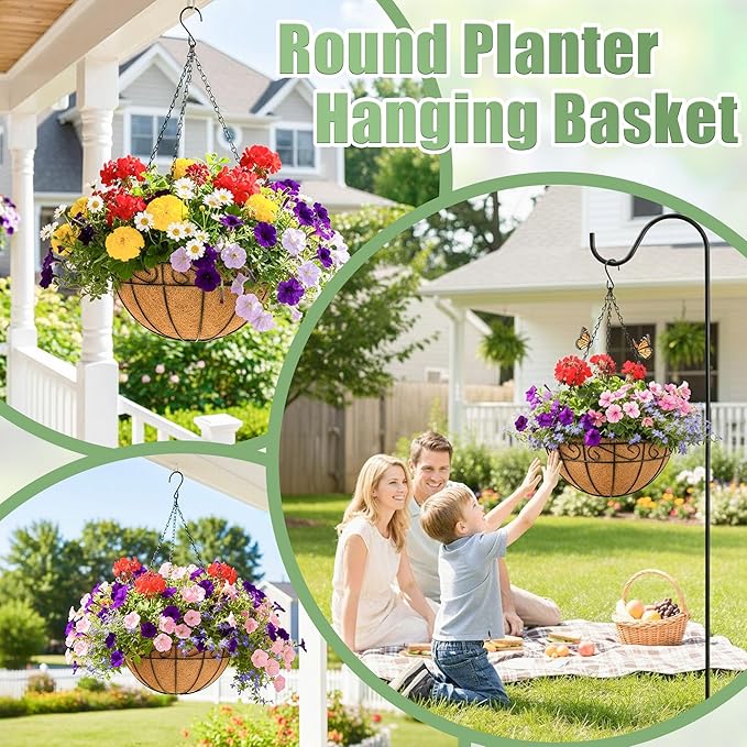 4 Pack 12 Inch Hanging Baskets for Plants Outdoor Metal Hanging Planters Round Hanging Flower Pots with Coco Coir Liner Plant Holder for Outdoor Patio Garden Balcony Decor - Flower Border