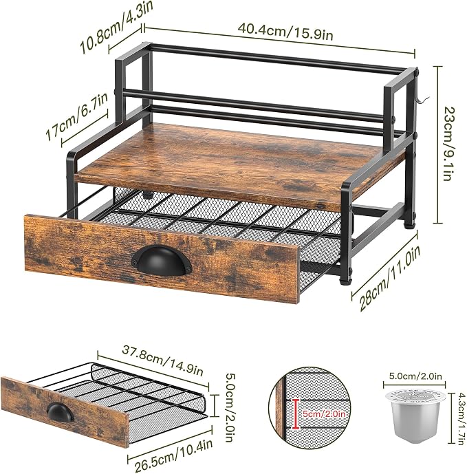 Coffee Syrup Rack Organizer, 2 Tier Countertop Storage Shelves with 35 K Cup Drawer, 8 Syrup Bottle Stand Holder for Wine, Kitchen Coffee Station Organizer Rack, Rustic Brown