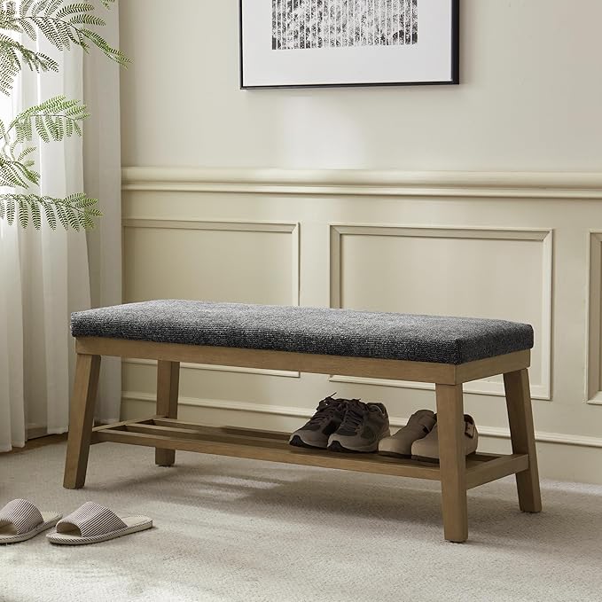 VKNOW Entryway Bench, 44.4" Upholstered Shoe Storage Bench for Entryway & Bedroom, Shoe Bench with Rubberwood Legs, Modern End of Bed Storage Bench for Living Room and Hallway, Black