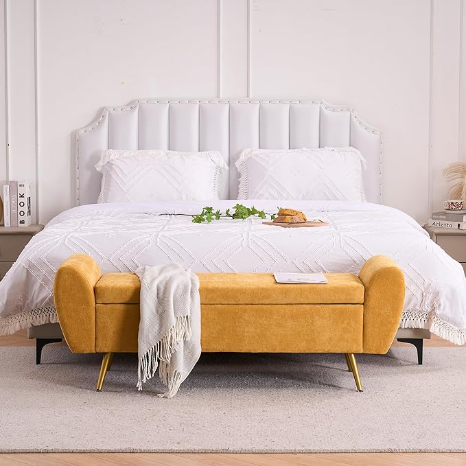 Storage Bench for Bedroom, 55" Extra Long Bench for King Size Bed, Modern Upholstered End of Bed Ottoman Bench with Arms for Entryway Living Room (Chenille, Mustard Yellow)