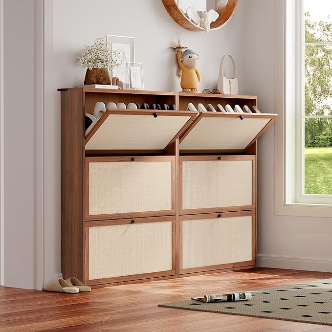 31.5" Mid-Century Slim Narrow Shoe Storage Cabinet for Entryway, Hidden 3 Tier Wood Shoe Storage Organizer with Non-Divider Flip Drawer for Hallway, Living Room,Apartment (Walnut)