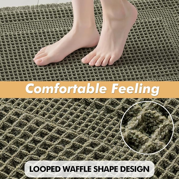 MIULEE Set of 2 Waffle Bathroom Rugs, Boho Bath Rug Super Absorbent, Non Slip Washable Ultra Soft Rubber Backed Shower Bath Mats for Floor, Tub, Shower, Looped Design, Green, 18x30 Inch