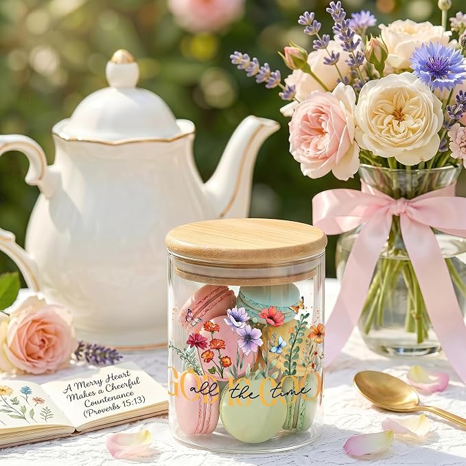 3 Pcs Christian Glass Storage Jars with Airtight Lids Christian Candy Cookie Jars Gift Bible Verse Scripture Gifts for Women Inspirational Wildflower Kitchen Canister Religious Kitchen Containers