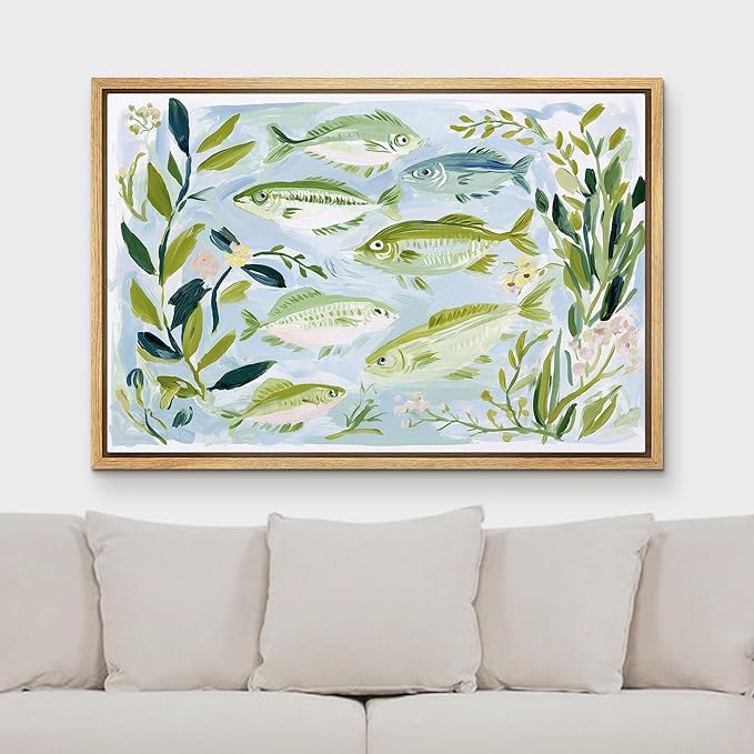 MUDECOR Framed Canvas Print Wall Art Freshwater Fish and Botanical Nature Illustrations Minimalism Decorative Bohemian Colorful Zen for Living Room, Bedroom, Office - 24"x36" NATURAL