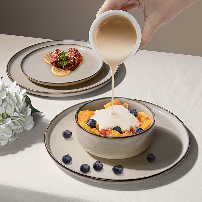 Herogo Stoneware Plates and Bowls Sets for 4, 12 Pieces Modern Round Dinnerware, Reactive Glaze Dishes Set for Kitchen, Chip Resistant, Microwave & Dishwasher Safe, Cream Khaki