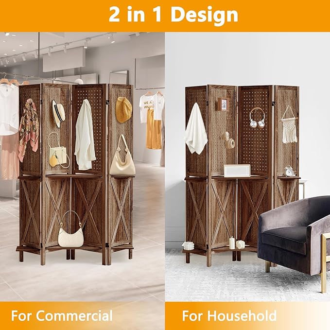 4 Panel Pegboard Display with 16 Hooks, Wooden Pegboard Room Divider Wall with Shelf, Partition Room Dividers and Folding Privacy Screens, Bedroom, Jewelry Store, Brown