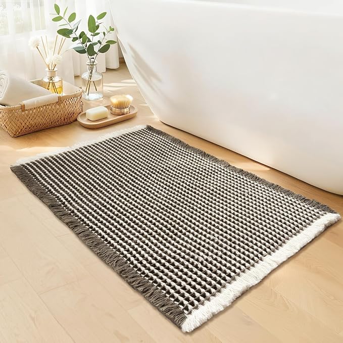 Waffle Bath Mat - Boho Bathroom Rugs Non Slip Washable, Super Absorbent & Quick Dry, Soft Bath Mat Farmhouse Bathroom Decor, 24'' x 36'', Olive Green and White