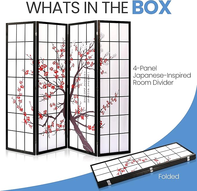 SereneLife Japanese Screen Room Divider - Portable Freestanding Classic Indoor Decorative 4-Panel Separator, Folding Privacy, Dressing Area, Office, Elegant Plum Blossom Design