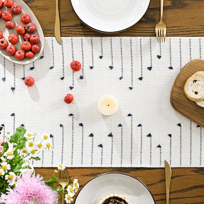Artoid Mode Dark Blue Boho Table Runner for Farmhouse Rustic，Seasonal Holiday Macrame Burlap Kitchen Dining Table Decoration for Home Party Decor 12x72 Inch