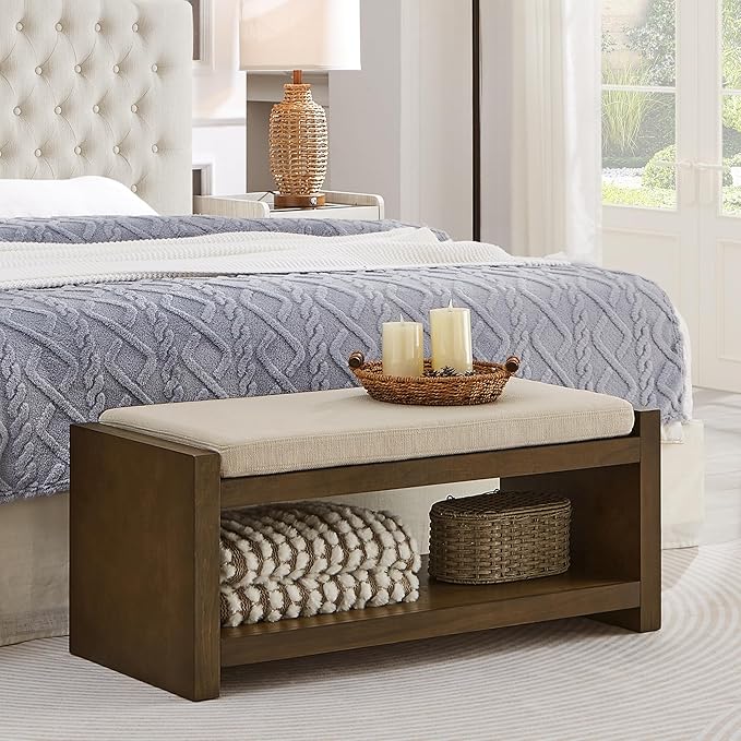Accent Bench with Lower Shelf Shoe Rack, Padded Seating Bench for Living Room, Modern Compact Bed End Bench with Storage for Bedroom Seating, Removable Cushion (Ivory, 40" L)
