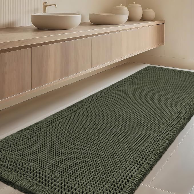 Extra Large Waffle Bath Mat, Boho Woven Modern Bath Rug Absorbent Non Slip, Ultra Soft Bathroom Mats, Machine Washable Knit Bath Rugs with Border for Bathroom, Bedroom, Kitchen, 6'x2', Dark Green